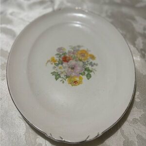 Vintage  Yellow and White Round Serveware Plate with Floral Design